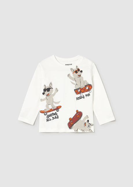 Front view of Mayoral baby long-sleeve baby t-shirt in Ivory with animal print.