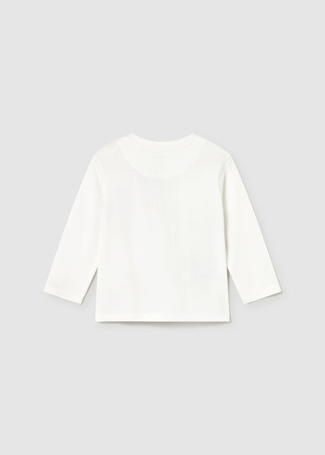 Back view flat lay of Ivory long-sleeve T-shirt, round neckline and smooth finish.
