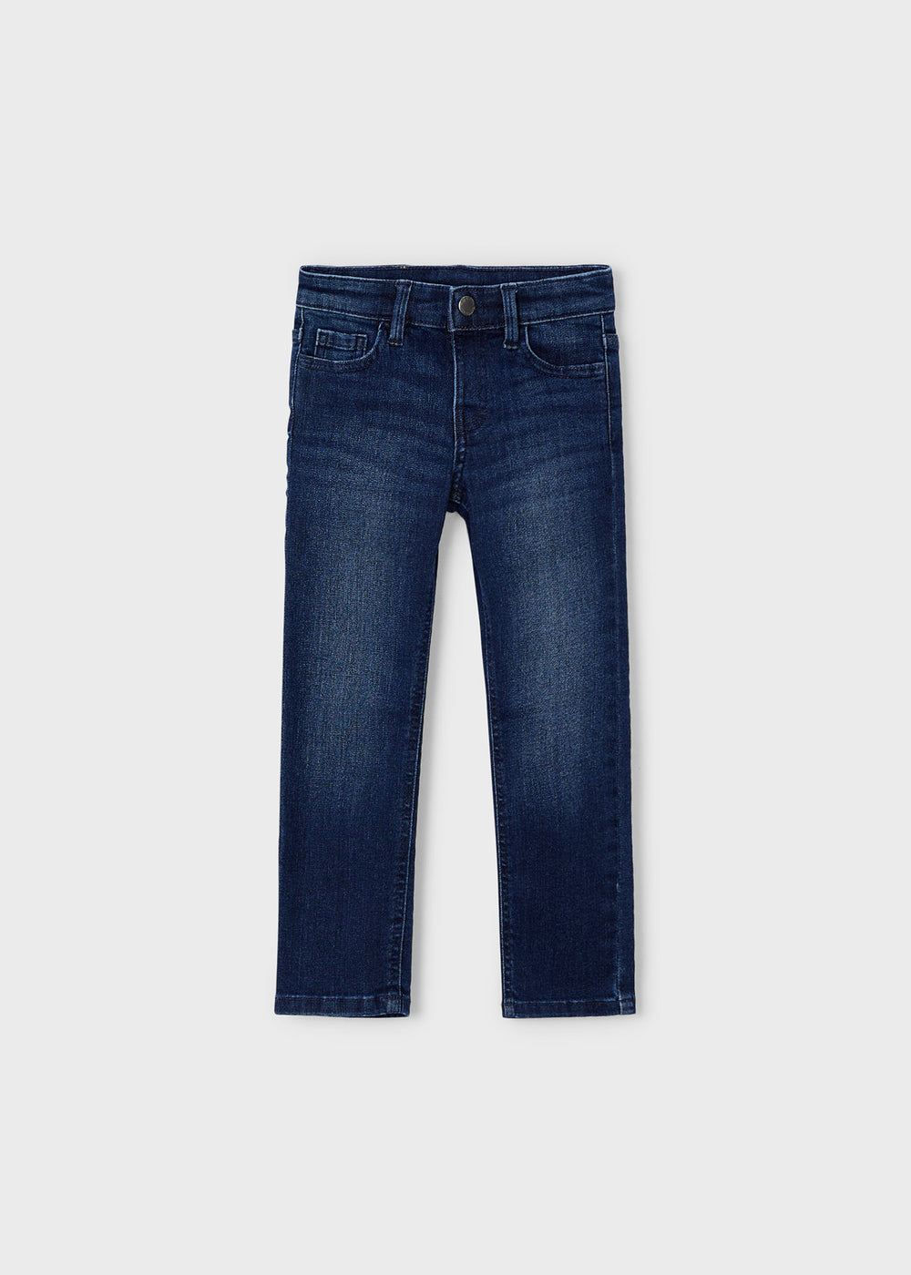 Front flat lay of Mayoral boys dark-wash boys jeans with slim leg.