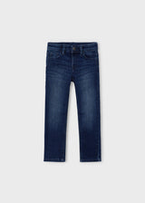 Front flat lay of Mayoral boys dark-wash boys jeans with slim leg.