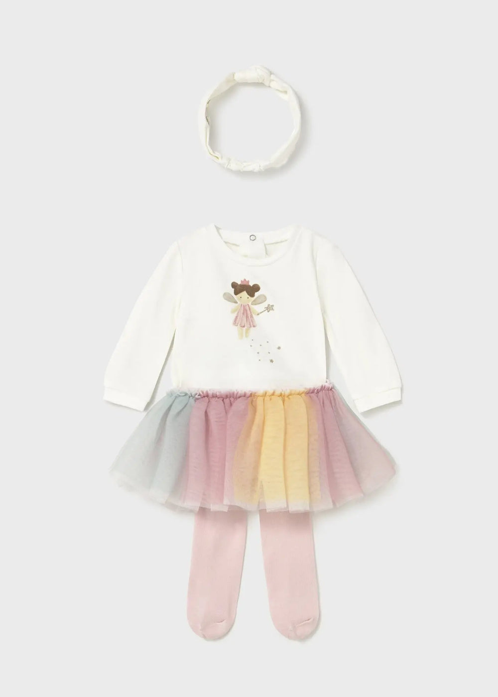 Front view of newborn 3-piece set in Cream/Pink with Woodland Deer artwork and skirted tights — sweet newborn outfit set.