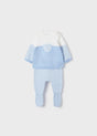 Front flat lay of Mayoral newborn boy baby outfit set in Blue/Ivory stripes (jumper + leggings).