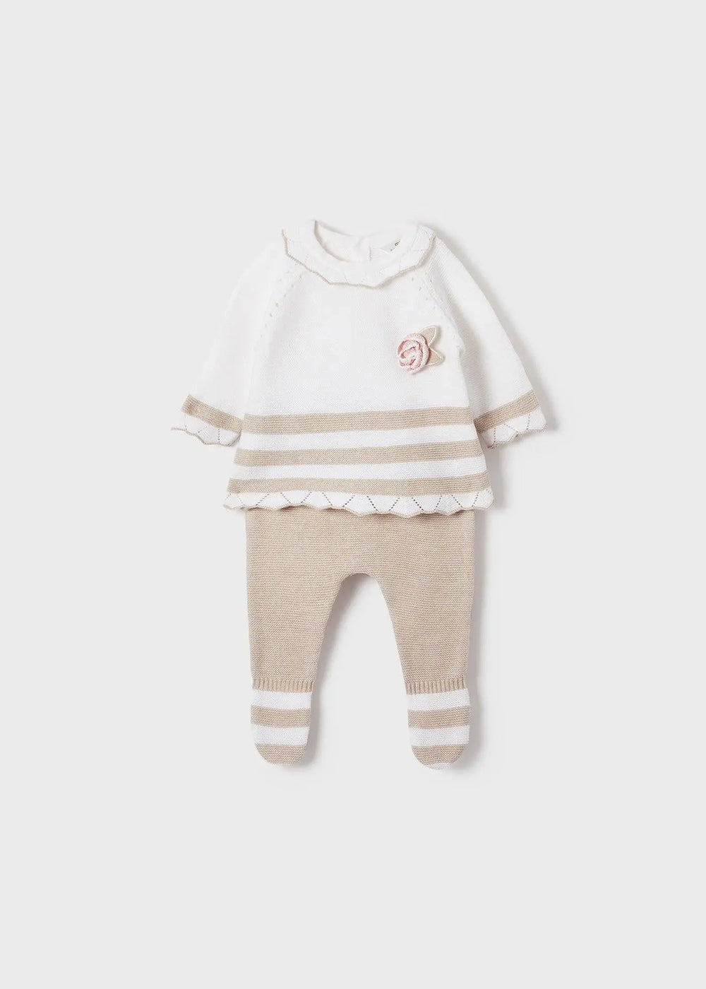 Flat lay of Mayoral newborn boy baby outfit set in Ivory/Beige stripes (jumper + leggings).