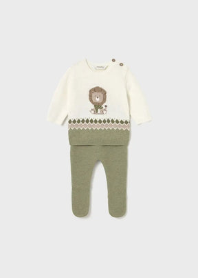 Front flat lay of Mayoral newborn knit baby outfit set in Ivory/Olive with jacquard sweatshirt and leggings.