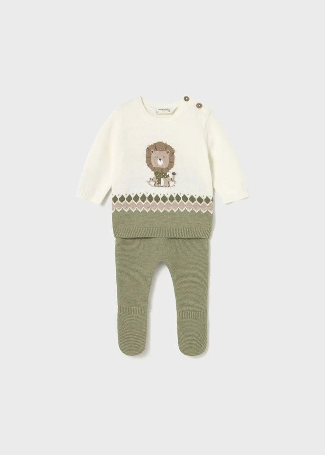 Front flat lay of Mayoral newborn knit baby outfit set in Ivory/Olive with jacquard sweatshirt and leggings.