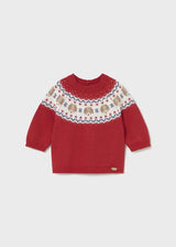 Front view of Mayoral newborn Red/Ivory Fair Isle baby sweater with raglan sleeves.