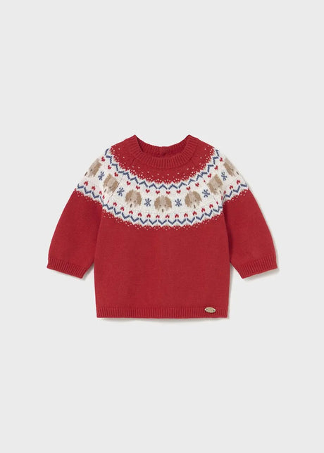 Front view of Mayoral newborn Red/Ivory Fair Isle baby sweater with raglan sleeves.