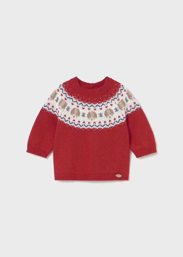 Front view of Mayoral newborn Red/Ivory Fair Isle baby sweater with raglan sleeves.