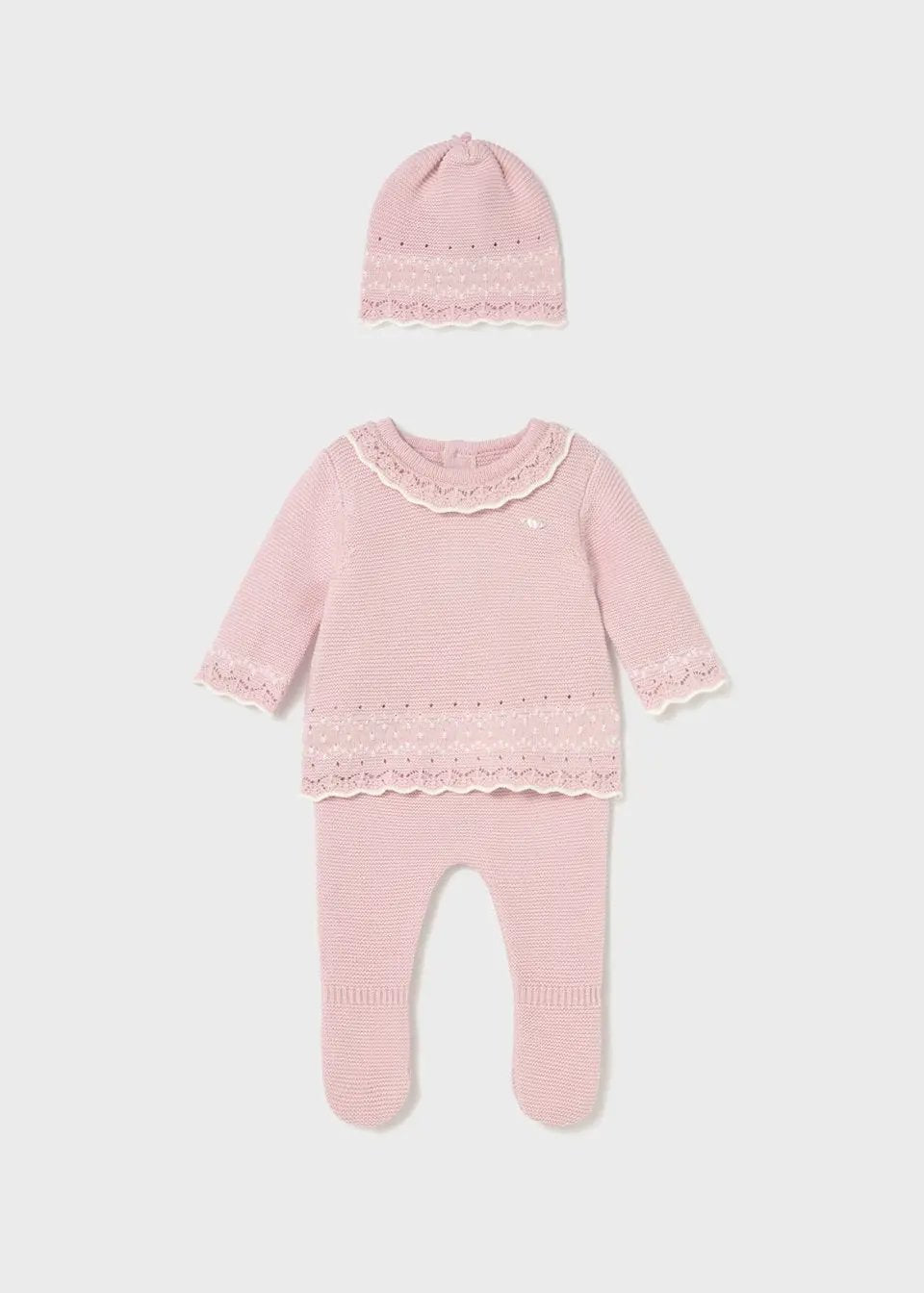 Front flat lay of Mayoral newborn girl baby outfit set in Pink/Blush (sweater, pants, hat).