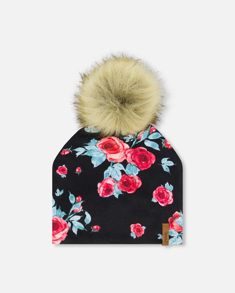 Mid-Season Jersey Detachable Pompom Hat Black Printed Roses | Deux par Deux | Jenni Kidz