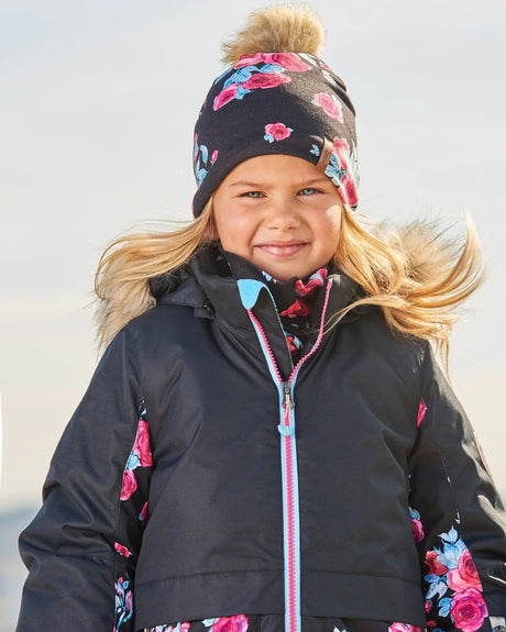 Mid-Season Jersey Detachable Pompom Hat Black Printed Roses | Deux par Deux | Jenni Kidz