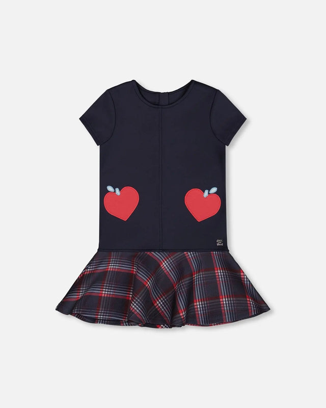 Milano Dress Navy Blue With Plaid Flounce | Deux par Deux | Jenni Kidz