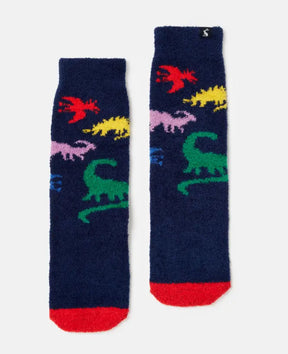 Joules Navy Multicolour Dinosaur Fluffy Socks: pair showing colourful dinosaurs on navy