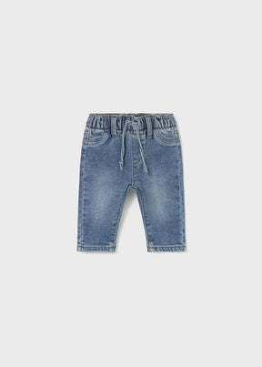 Mayoral newborn baby boy Light Denim jeans with elastic waist, drawstring, and tapered ankle.