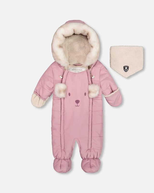 One Piece Baby Bear Face Snowsuit Orchid Designed For Car Seat | Deux par Deux | Jenni Kidz