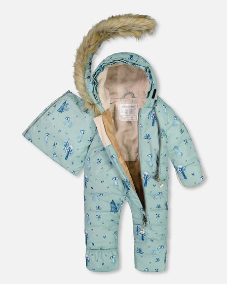 One Piece Baby Hooded Snowsuit Sage Printed Racoons Designed For Car Seat | Deux par Deux | Jenni Kidz