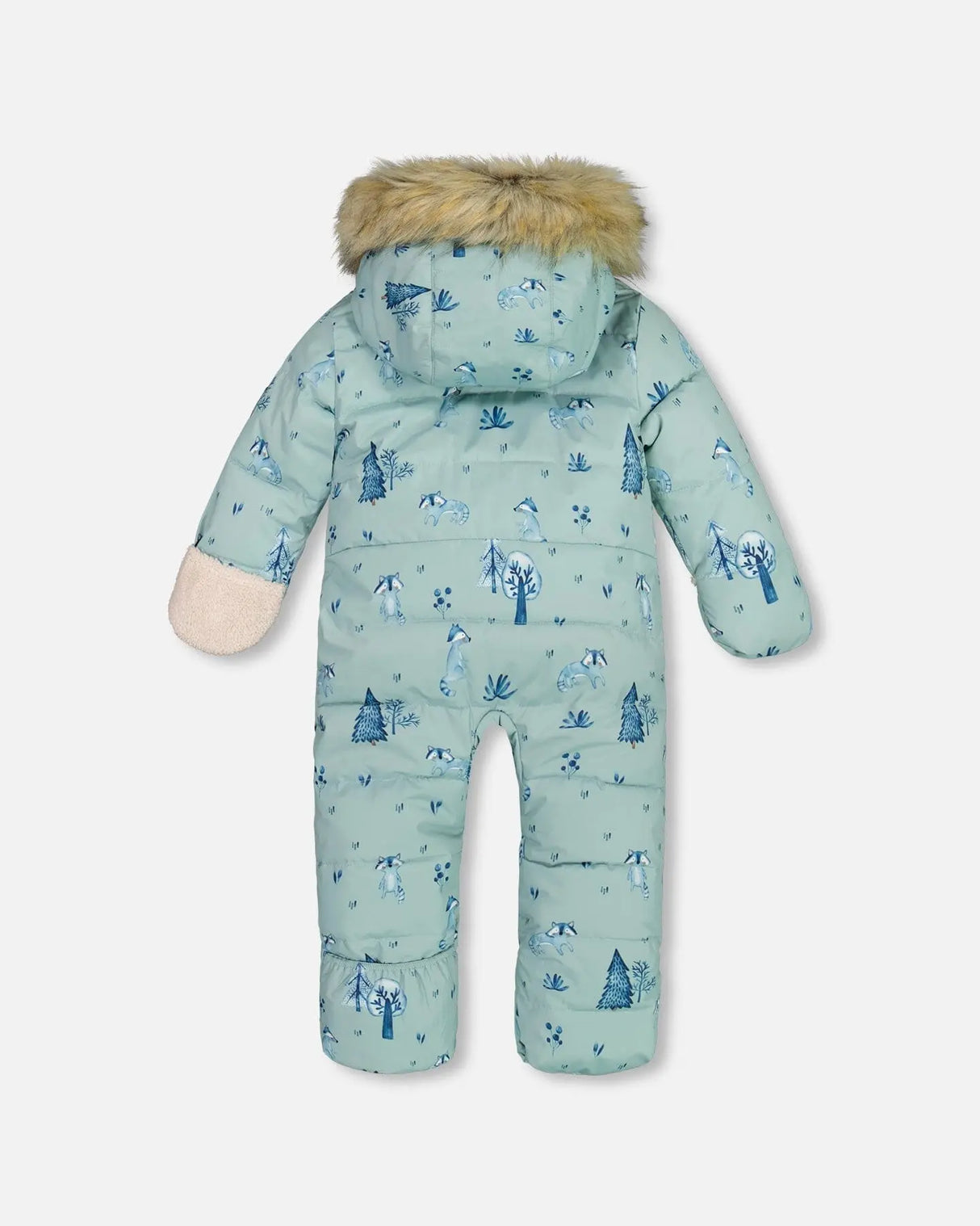 One Piece Baby Hooded Snowsuit Sage Printed Racoons Designed For Car Seat | Deux par Deux | Jenni Kidz