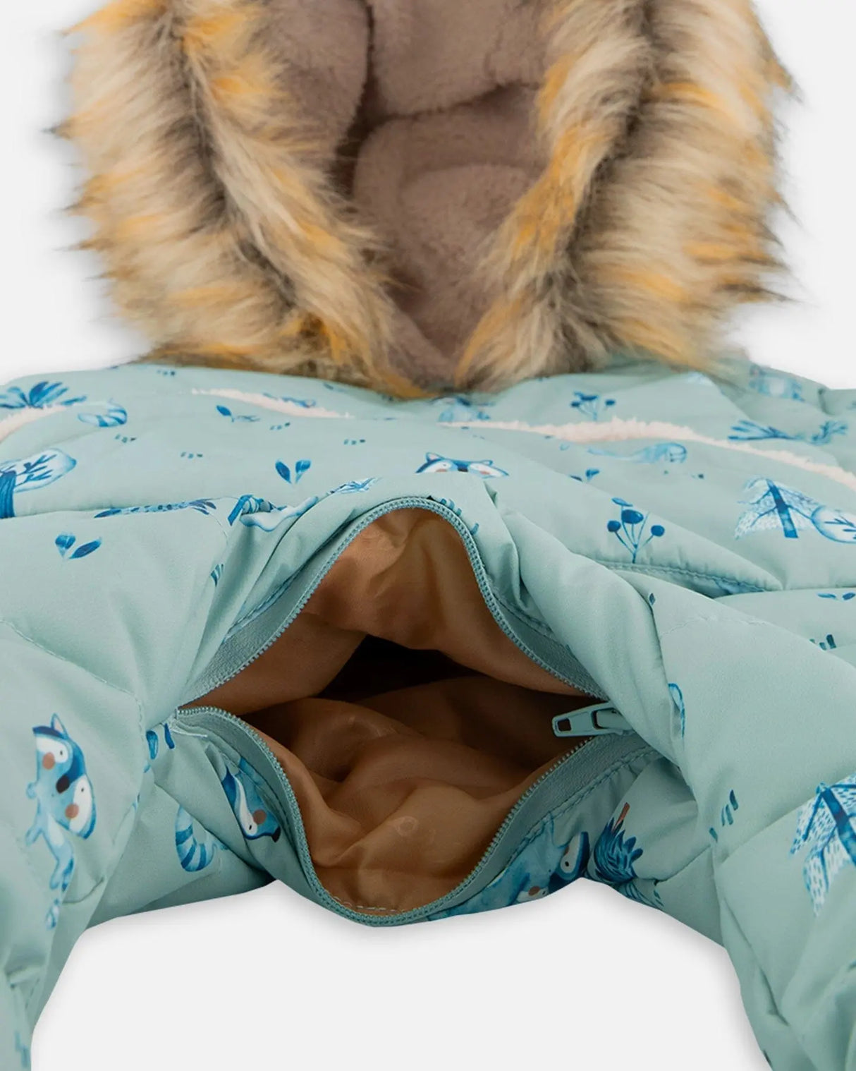 One Piece Baby Hooded Snowsuit Sage Printed Racoons Designed For Car Seat | Deux par Deux | Jenni Kidz