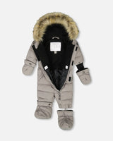Gray one-piece snowsuit with detachable mitts and boots