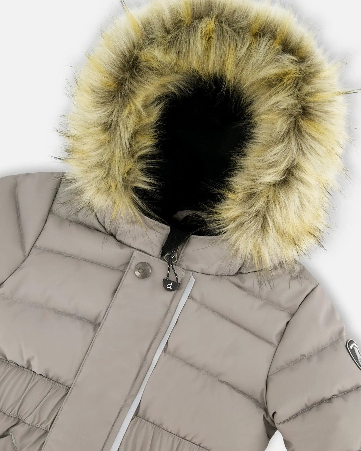 Close-up faux fur hood and fleece lining gray baby snowsuit