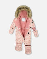 Open view showing fleece lining and included neckwarmer pink floral snowsuit
