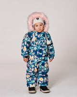 Car seat compatible one-piece snowsuit, green cat print, full-length zipper shown