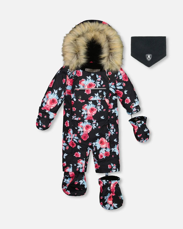 One Piece Baby Snowsuit Black Printed Roses Designed For Car Seat | Deux par Deux | Jenni Kidz