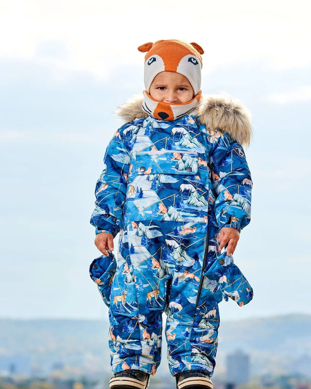 One Piece Baby Snowsuit Blue Printed Animals And Glaciers Designed For Car Seat | Deux par Deux | Jenni Kidz