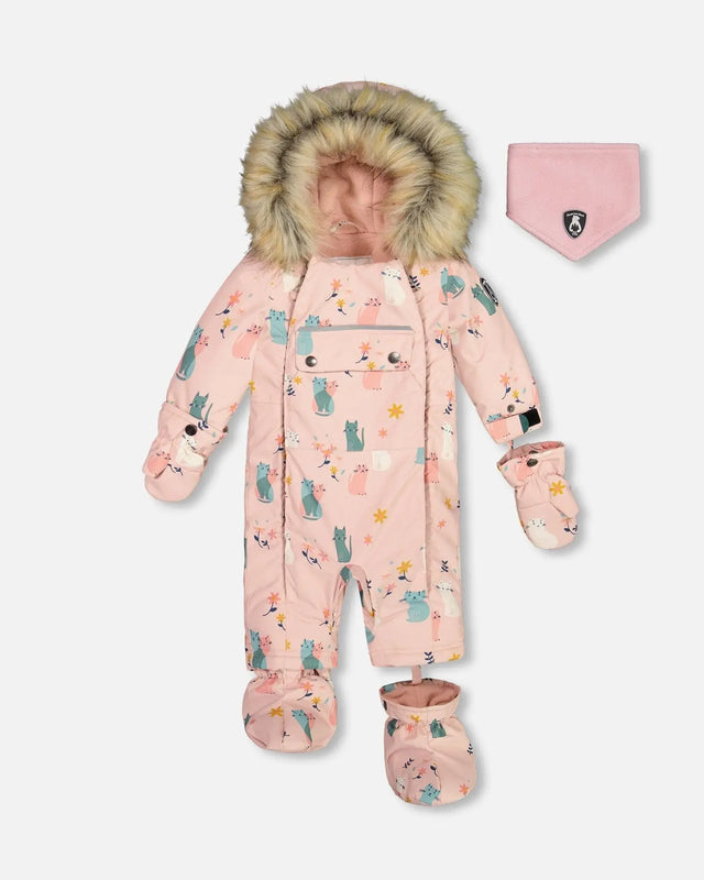 One Piece Baby Snowsuit Light Pink Printed Cats Designed For Car Seat | Deux par Deux | Jenni Kidz