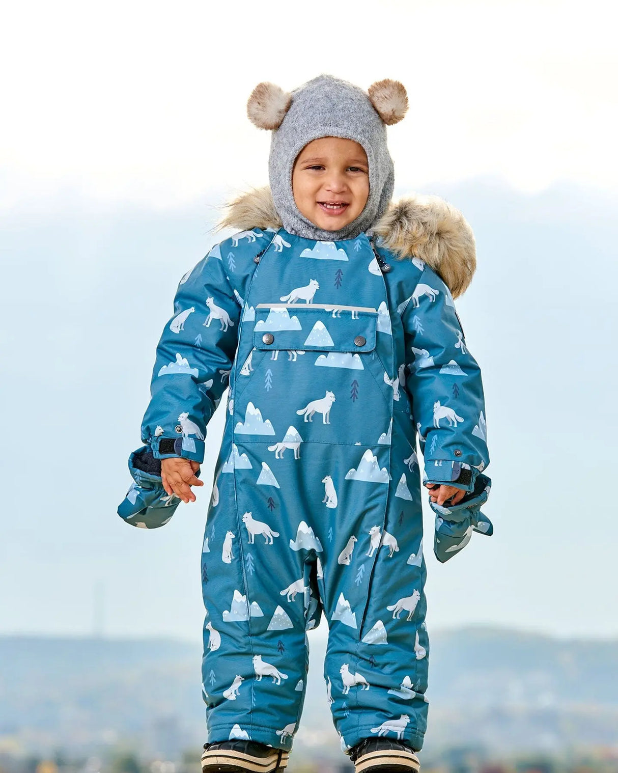 One Piece Baby Snowsuit Sage Printed Wolves Designed For Car Seat | Deux par Deux | Jenni Kidz