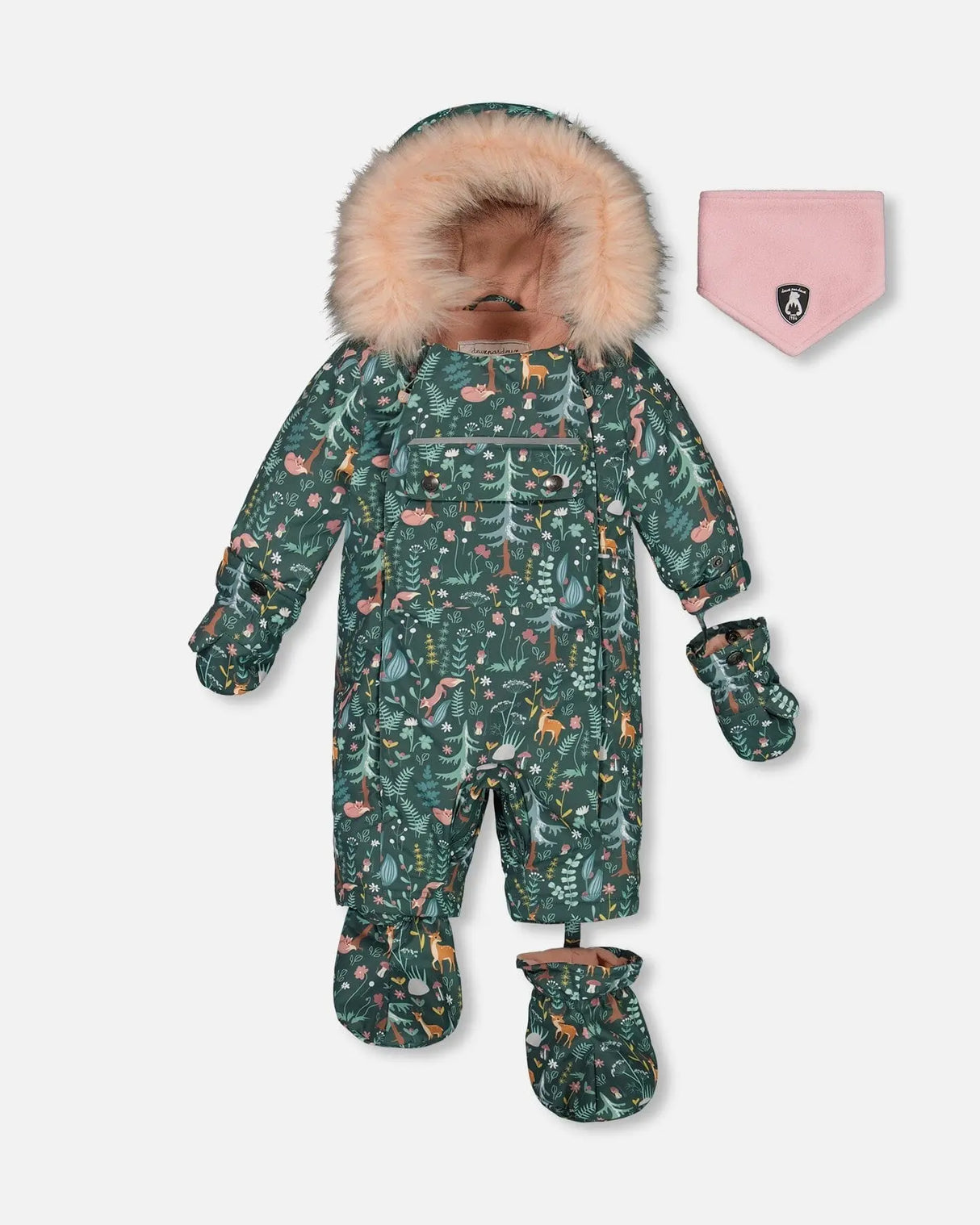 One Piece Baby Snowsuit Sage Printed Woodland Animals Designed For Car Seat | Deux par Deux | Jenni Kidz