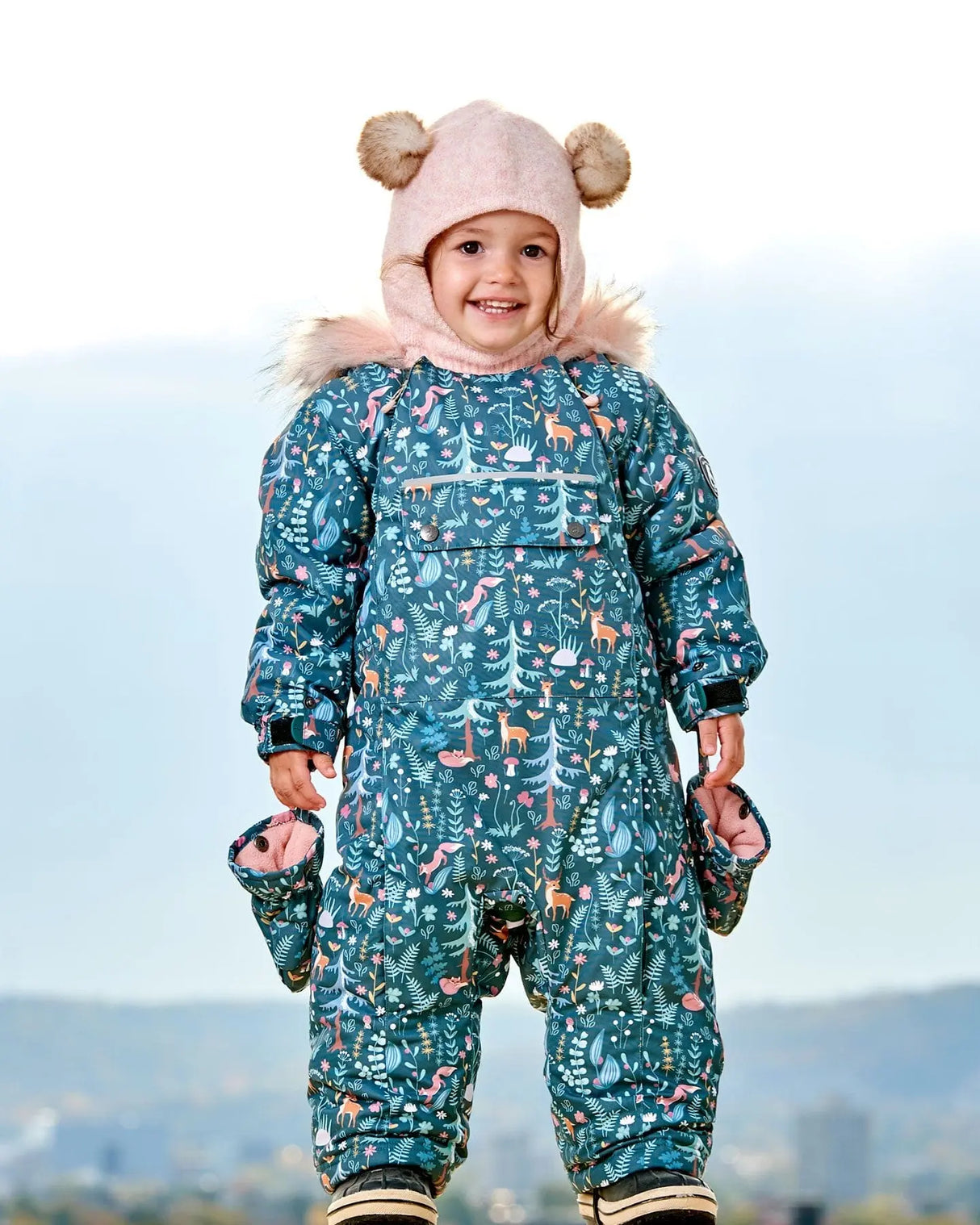 One Piece Baby Snowsuit Sage Printed Woodland Animals Designed For Car Seat | Deux par Deux | Jenni Kidz