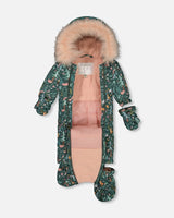 One Piece Baby Snowsuit Sage Printed Woodland Animals Designed For Car Seat | Deux par Deux | Jenni Kidz