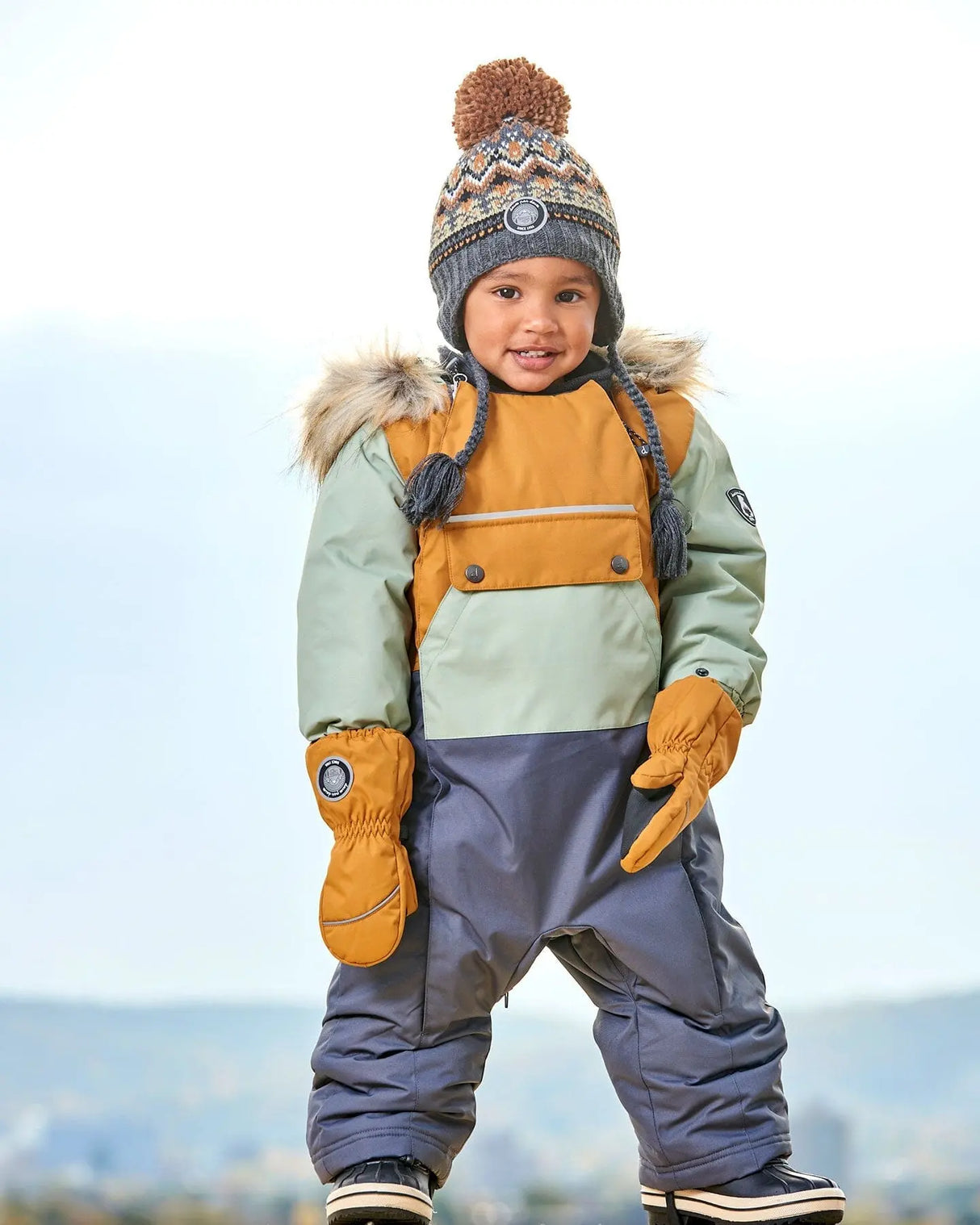 One Piece Baby Snowsuit Sage, Brown And Dark Grey | Deux par Deux | Jenni Kidz