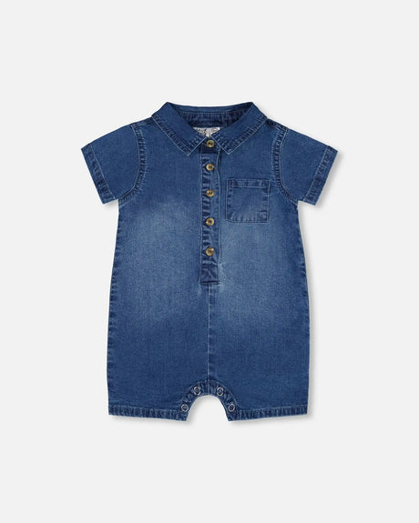 One-Piece Denim Romper Dark Denim Blue | Deux par Deux | Jenni Kidz