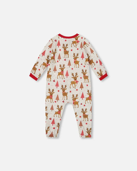 One-Piece Organic Cotton Pajama Beige Girly Reindeer Print | Deux par Deux | Jenni Kidz