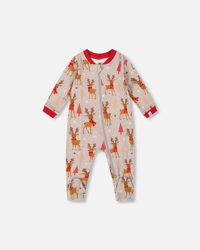 One-Piece Organic Cotton Pajama Beige Reindeer Print | Deux par Deux | Jenni Kidz