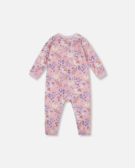 One-Piece Organic Cotton Pajama Lilac Cat Print | Deux par Deux | Jenni Kidz
