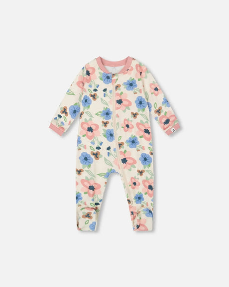One-Piece Organic Cotton Pajama Off-White Flower Print | Deux par Deux | Jenni Kidz
