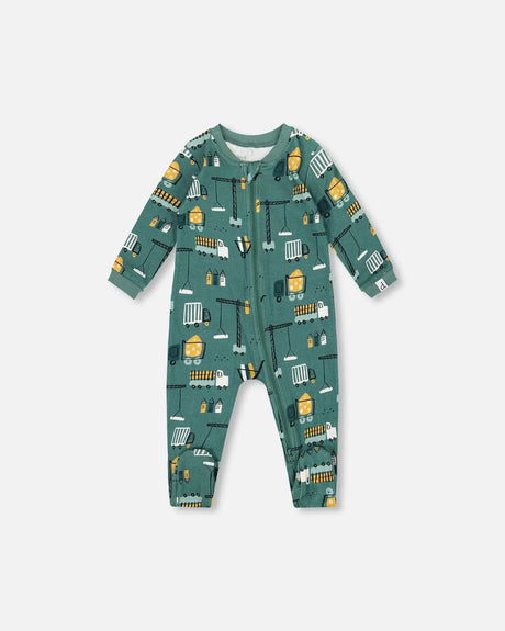 One-Piece Organic Cotton Pajama Teal Construction Print | Deux par Deux | Jenni Kidz
