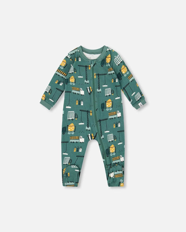 One-Piece Organic Cotton Pajama Teal Construction Print | Deux par Deux | Jenni Kidz