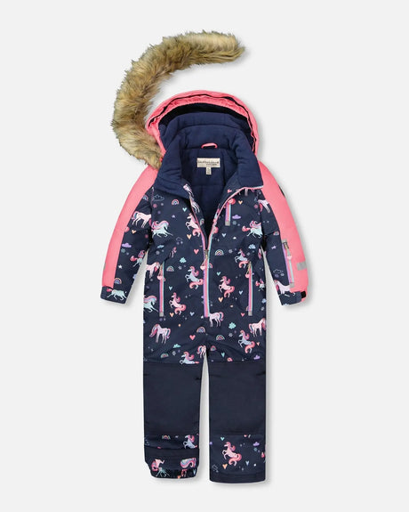 One-Piece Play Snowsuit Navy Unicorn Print | Deux par Deux | Jenni Kidz