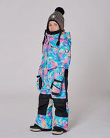 Side view showing articulated knees and ankle snow guards, one-piece ski suit.
