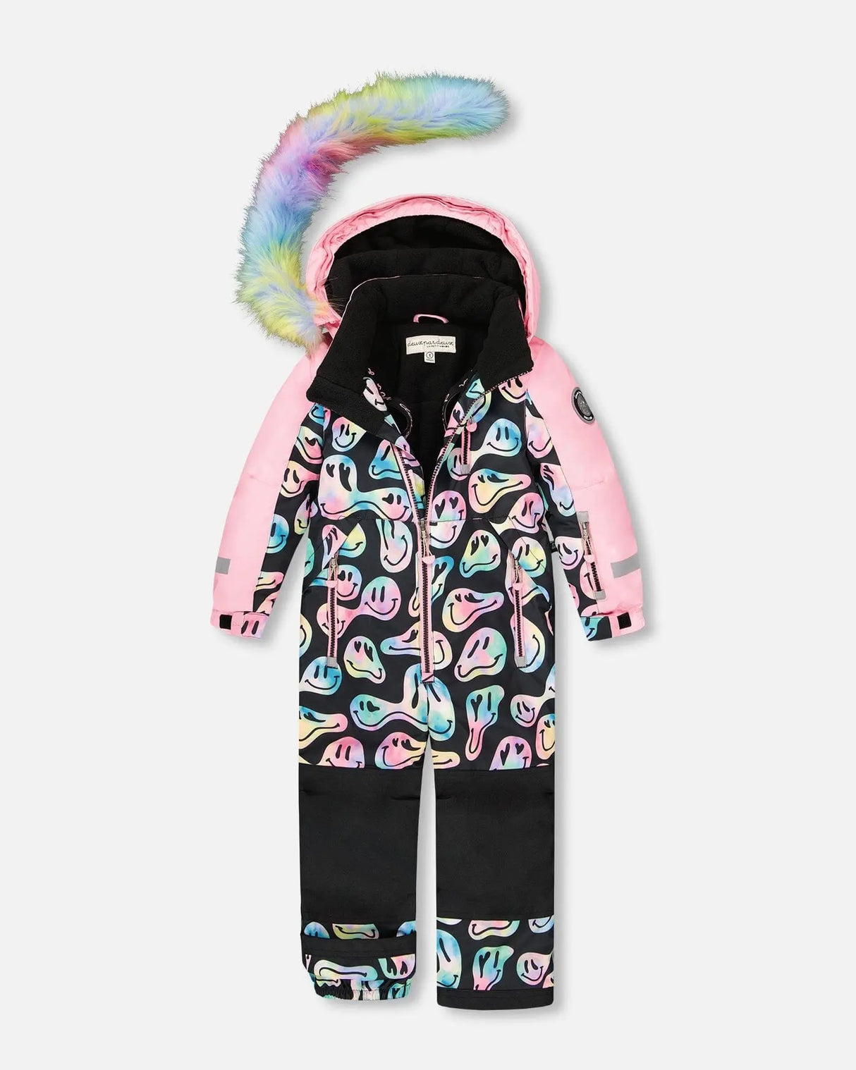 Back view of Smiley Face kids snowsuit with grow-length sleeves.