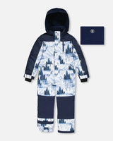 One Piece Snowsuit Navy Blue Watercolor Pine Print | Deux par Deux | Jenni Kidz