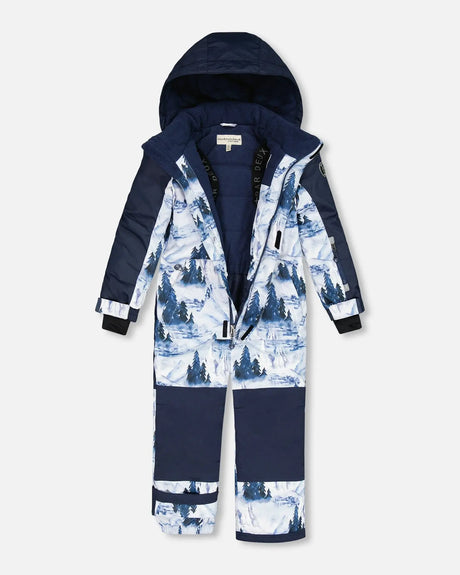 One Piece Snowsuit Navy Blue Watercolor Pine Print | Deux par Deux | Jenni Kidz