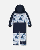 One Piece Snowsuit Navy Blue Watercolor Pine Print | Deux par Deux | Jenni Kidz