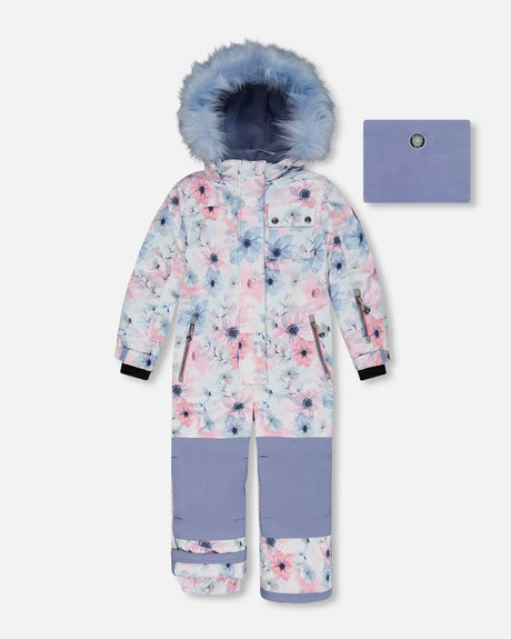 One Piece Snowsuit Printed Watercolor Blue Flowers | Deux par Deux | Jenni Kidz