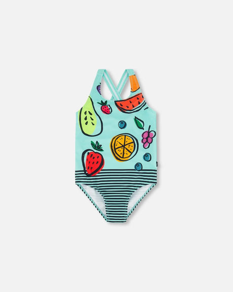 One Piece Swimsuit Baby Blue Printed Fruits | Deux par Deux | Jenni Kidz