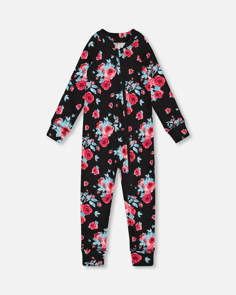 One Piece Thermal Underwear Black Printed Roses | Deux par Deux | Jenni Kidz